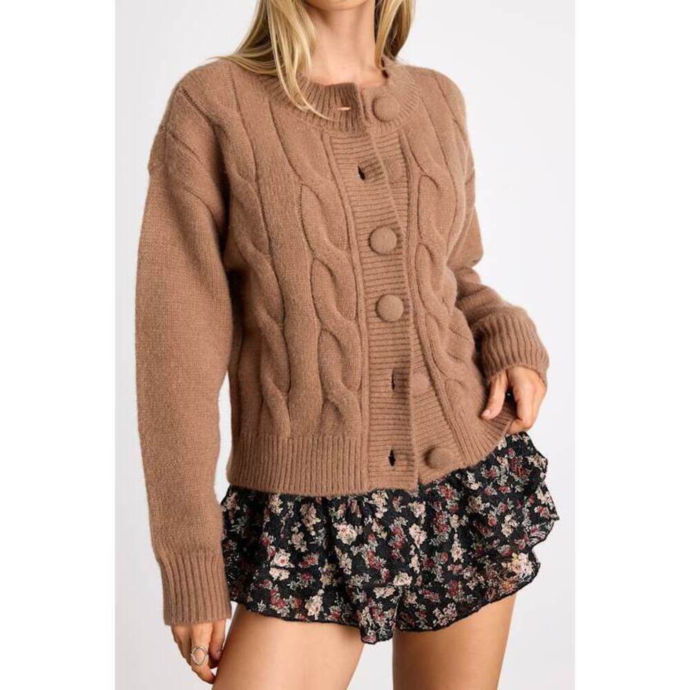 Lulus Lenorah Light Brown Cable Knit Chunky Cardigan Sweater - Size S